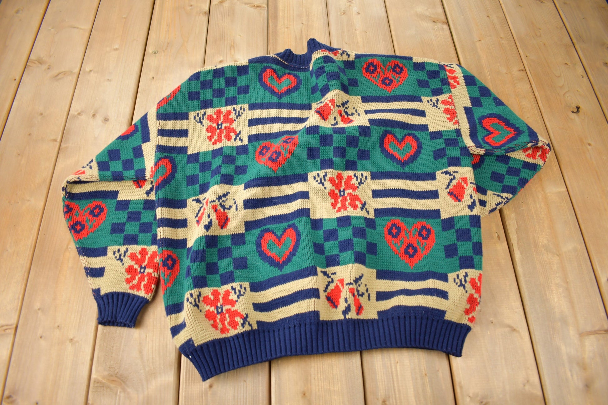 Vintage 1990s Cabin Creek Heart Patchwork Knit Cardigan Sweater