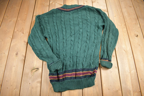 Vintage 1990s New River Knitted V-Neck Colligate Sweater / Vintage 90s 3D Cable Knit / Outdoor / Sweatshirt