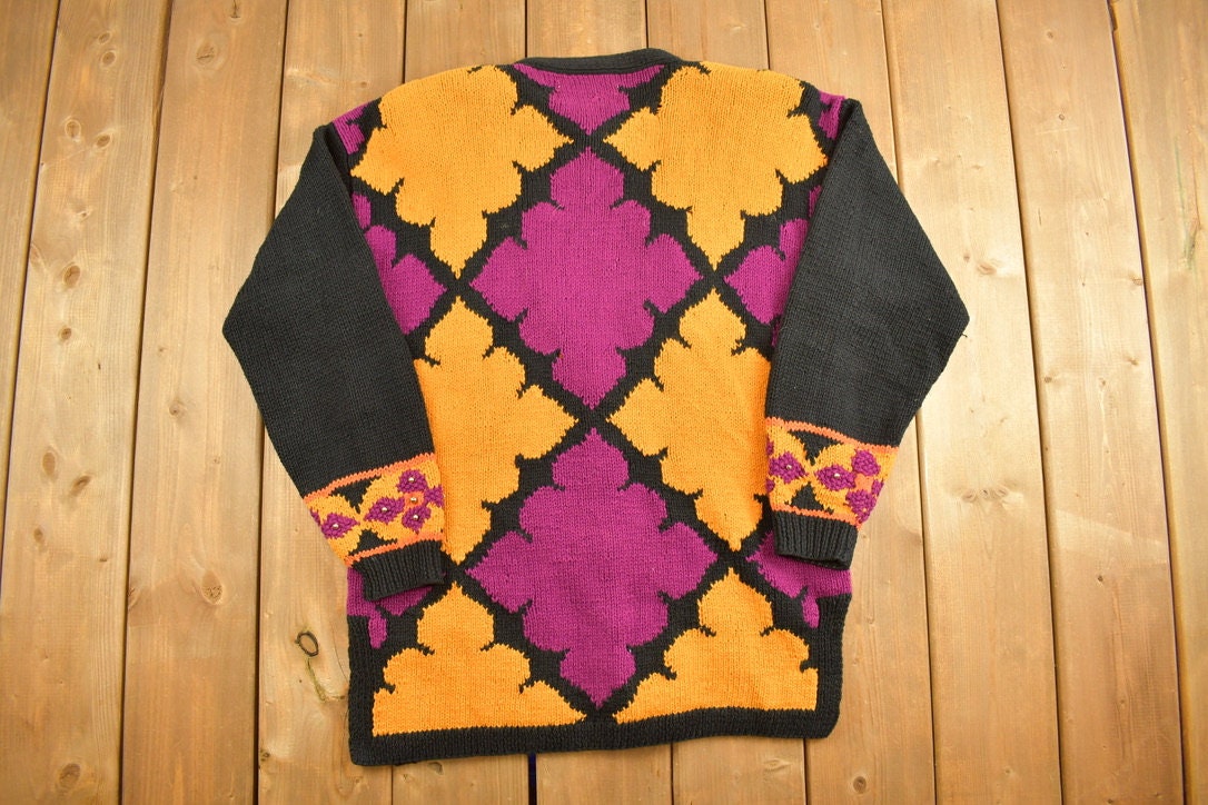 Vintage 1980s Abstract Knitting Needles Cardigan Sweater