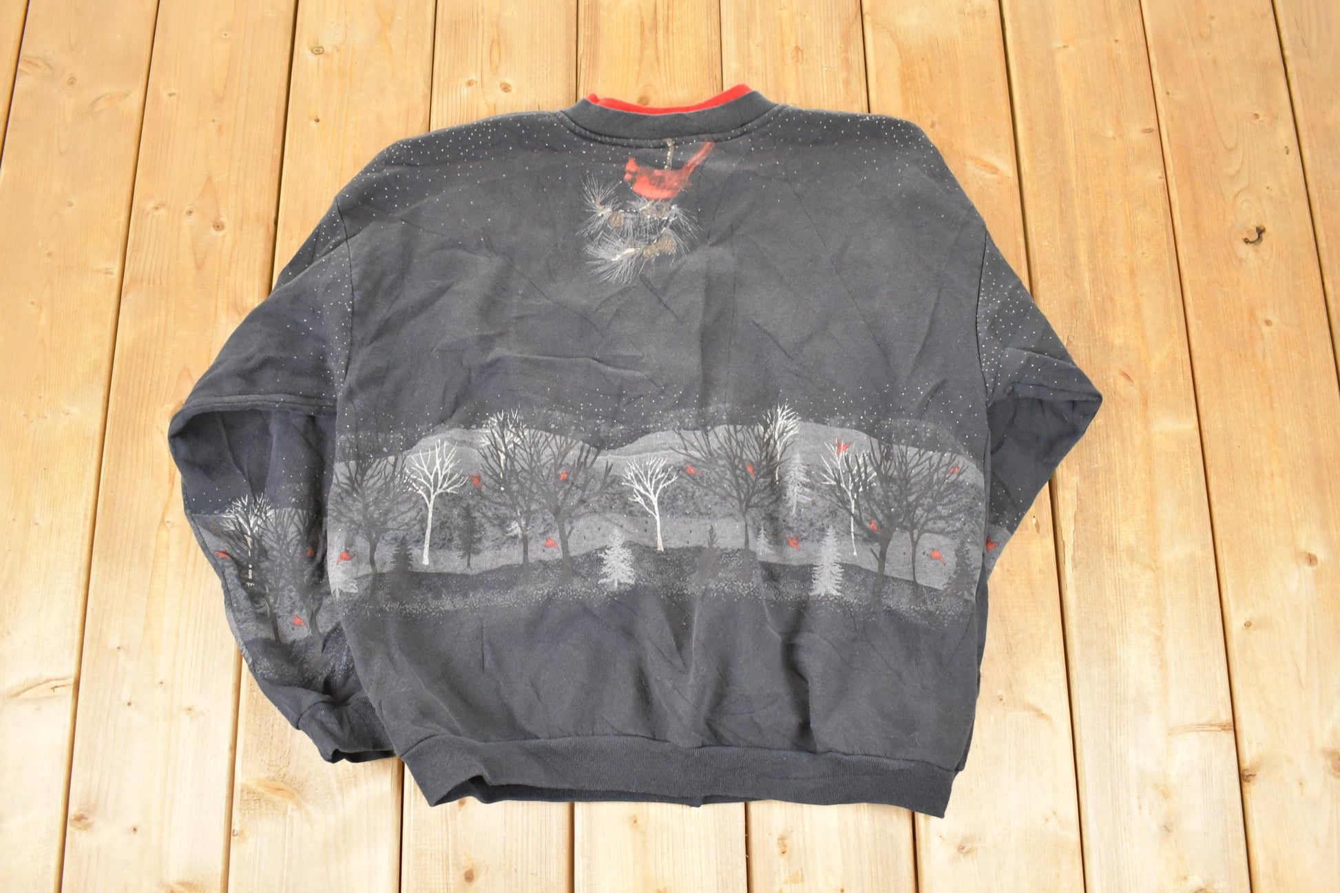 Vintage 1990s Artisans Winter Cardinal AOP Double Collar Button Up Crewneck Sweatshirt Women's L / Made In USA / 90's Nature Sweater