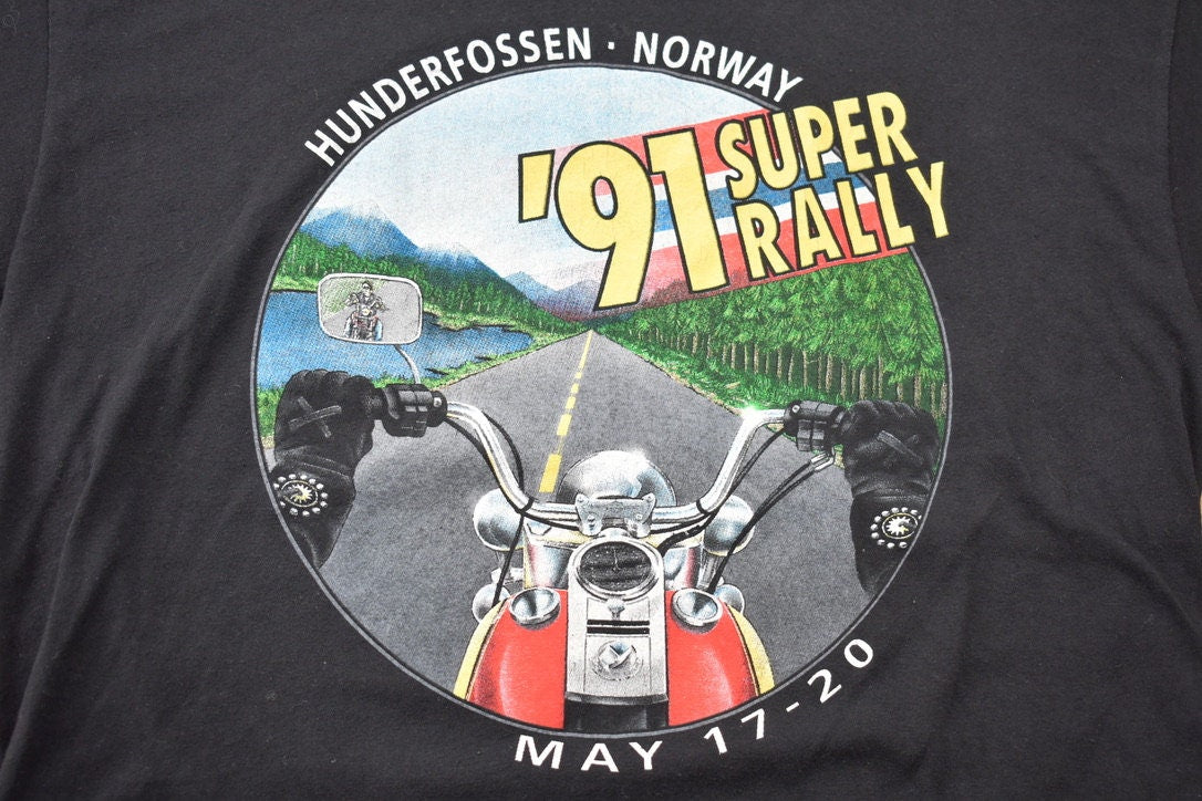 Vintage 1991 Harley Davidson Hunderfossen Norway Super Rally T-Shirt Single Stitch