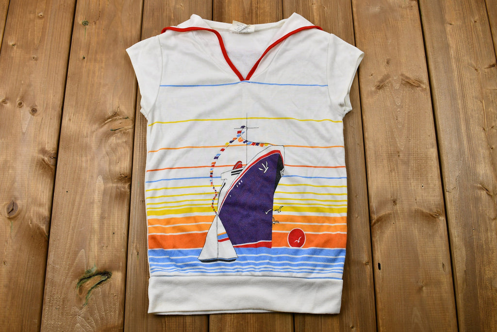 Vintage 1970s Sailor Collar Sunset Yacht Graphic Jersey-Knit T-Shirt
