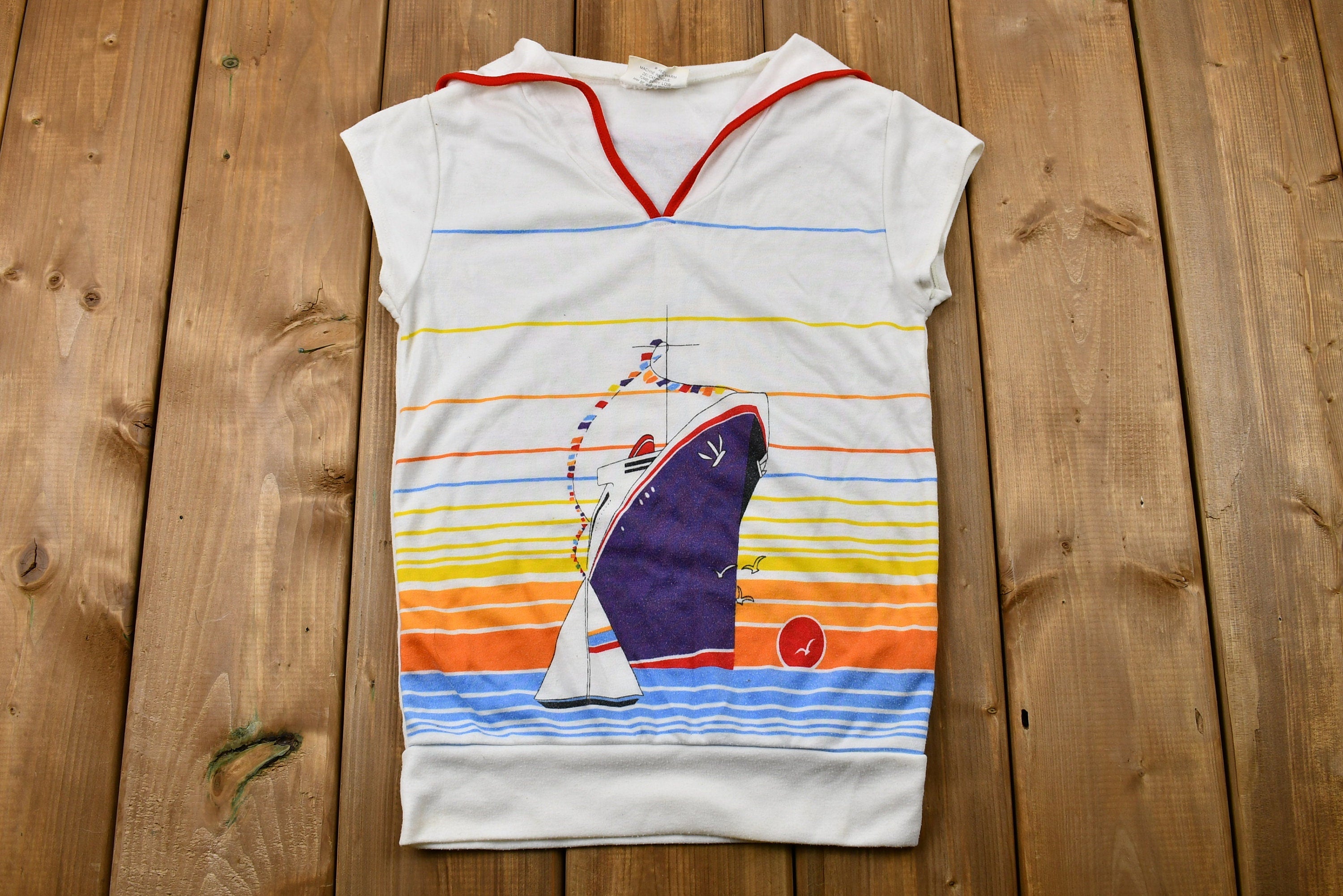 Vintage 1970s Sailor Collar Sunset Yacht Graphic Jersey-Knit T-Shirt
