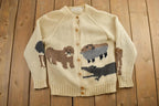 Vintage 1990s Marisa Christina Hand Knitted Wool Knit Full Button All Over Print Zoo Animal Crewneck Sweater