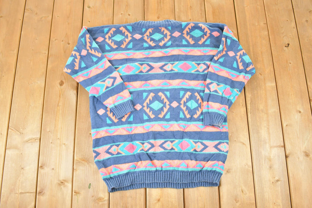 Vintage 1990s Nuovo Knit Abstract Pattern Deep V Sweater Women's XL / 90s Knit Crewneck / Vintage Preppy Knits
