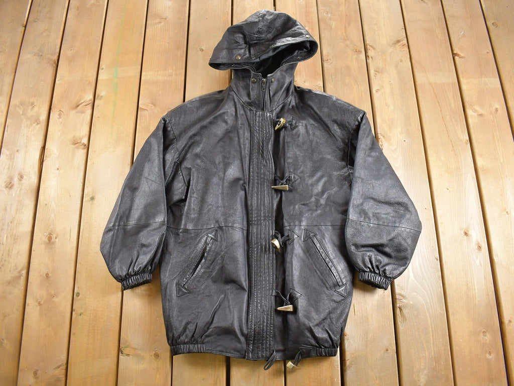 Vintage 1990s Black Leather Hooded Jacket