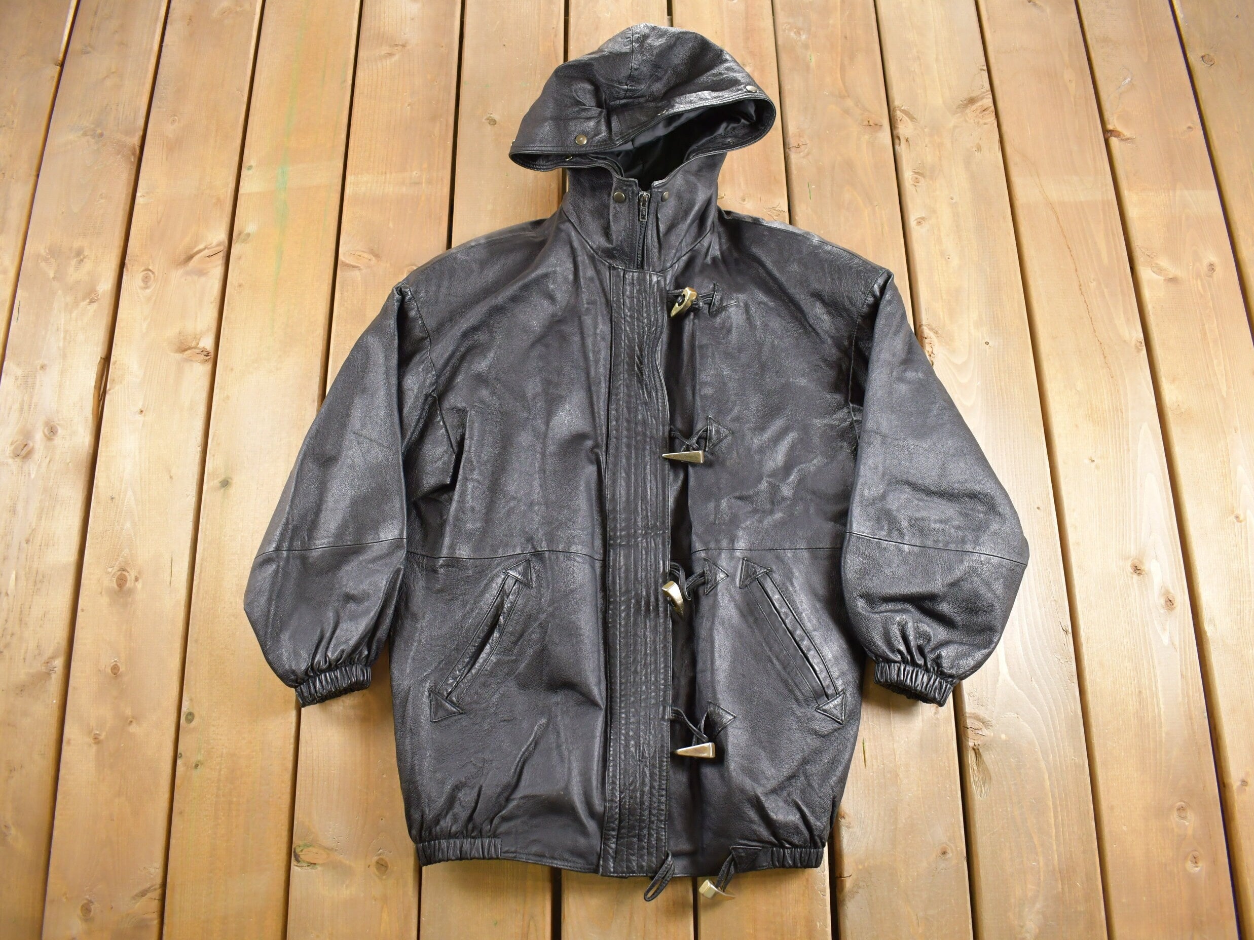 Vintage 1990s Black Leather Hooded Jacket