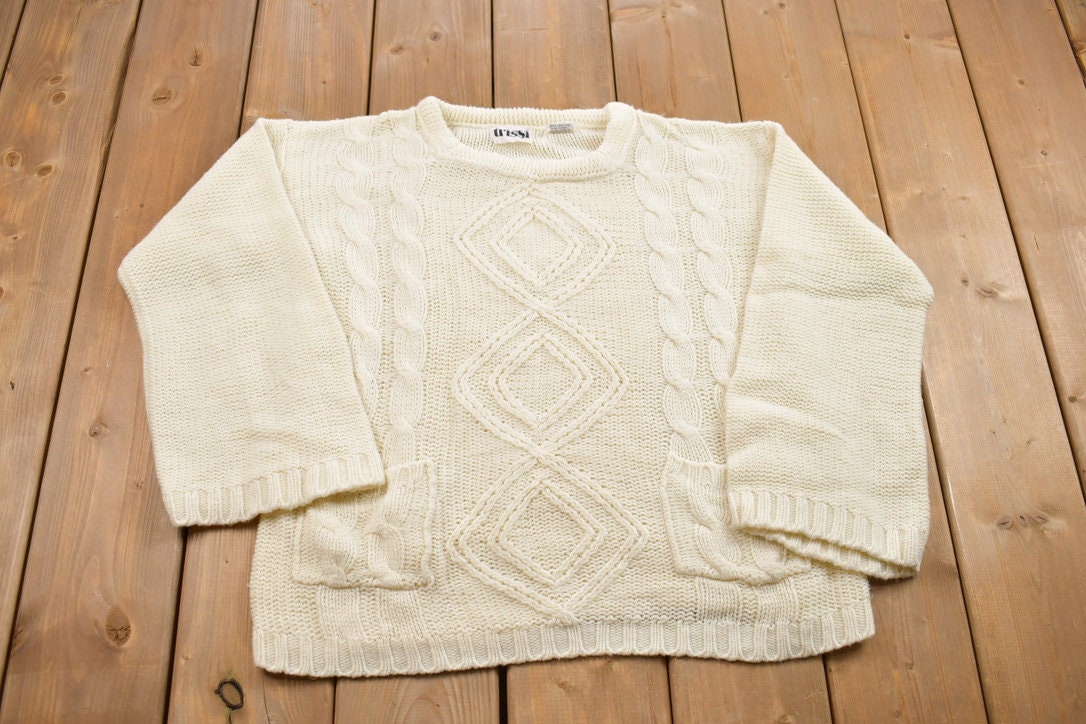 Vintage 1990s Blank White 3D Cable Knit Crewneck Sweater