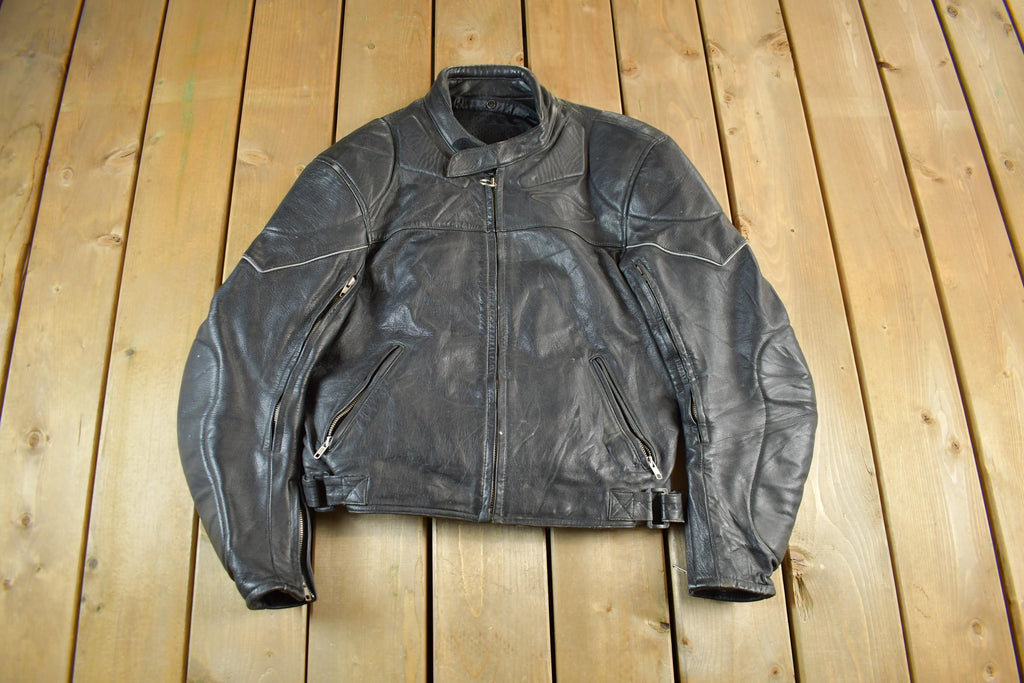 Vintage 1990s Genuine Leather Biker Jacket Padded Sleeve Adult Large