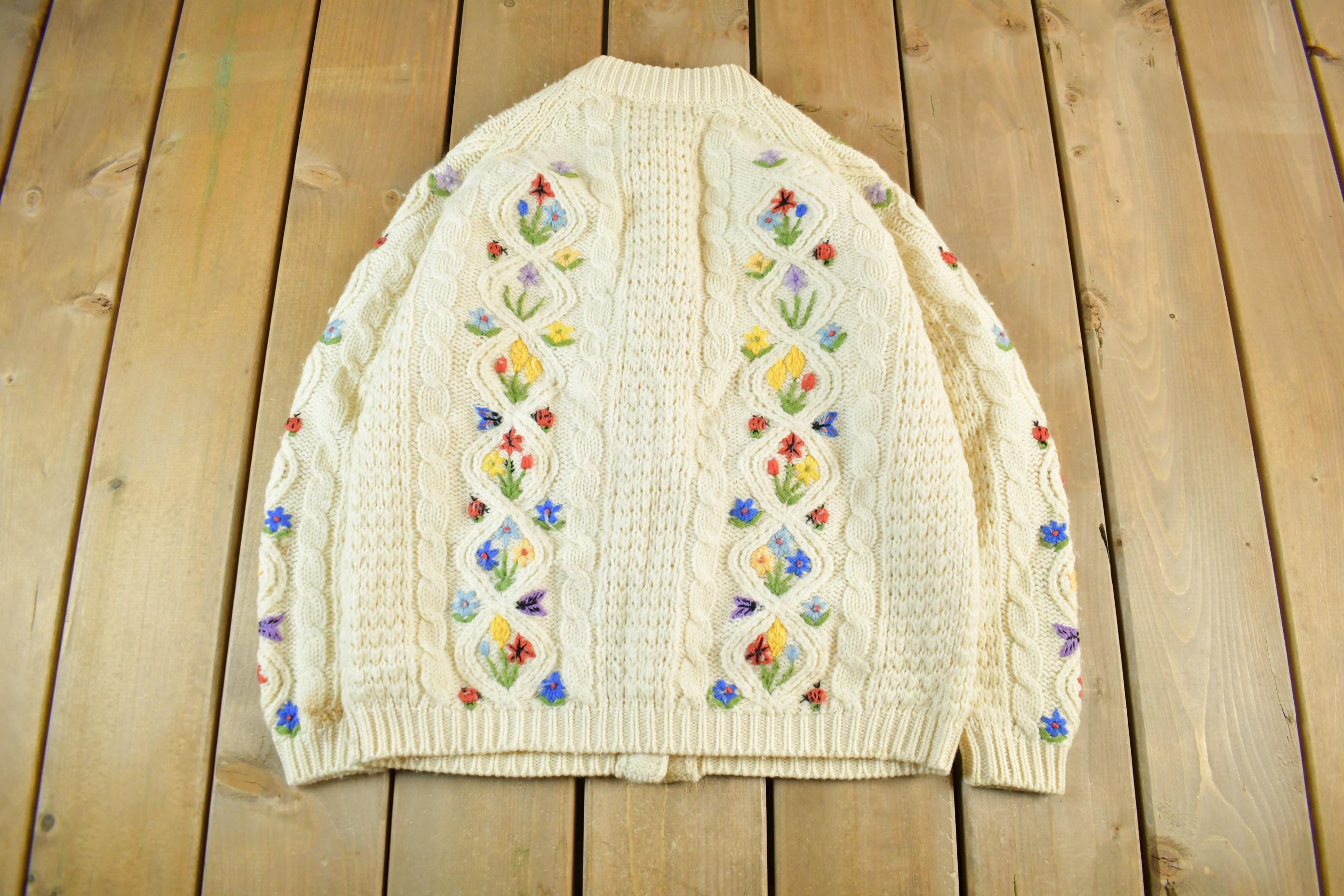 Vintage 1980s Floral Knit Cardigan Sweater Women's Medium