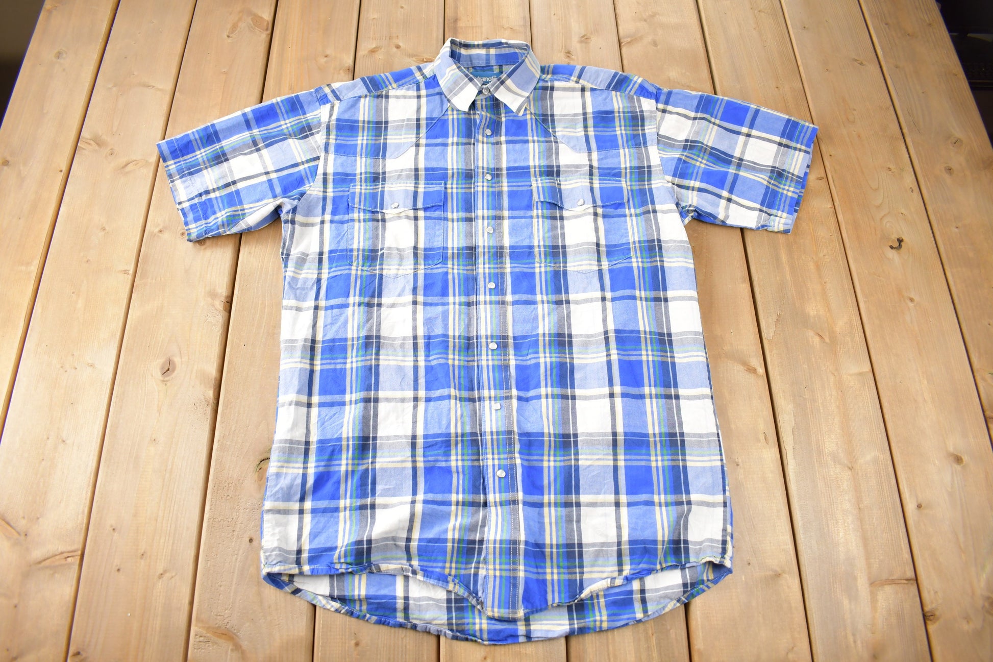 Vintage 1990s Wrangler Western Shirts Pearl Snap Short Sleeve Plaid Button Up Shirt Size L