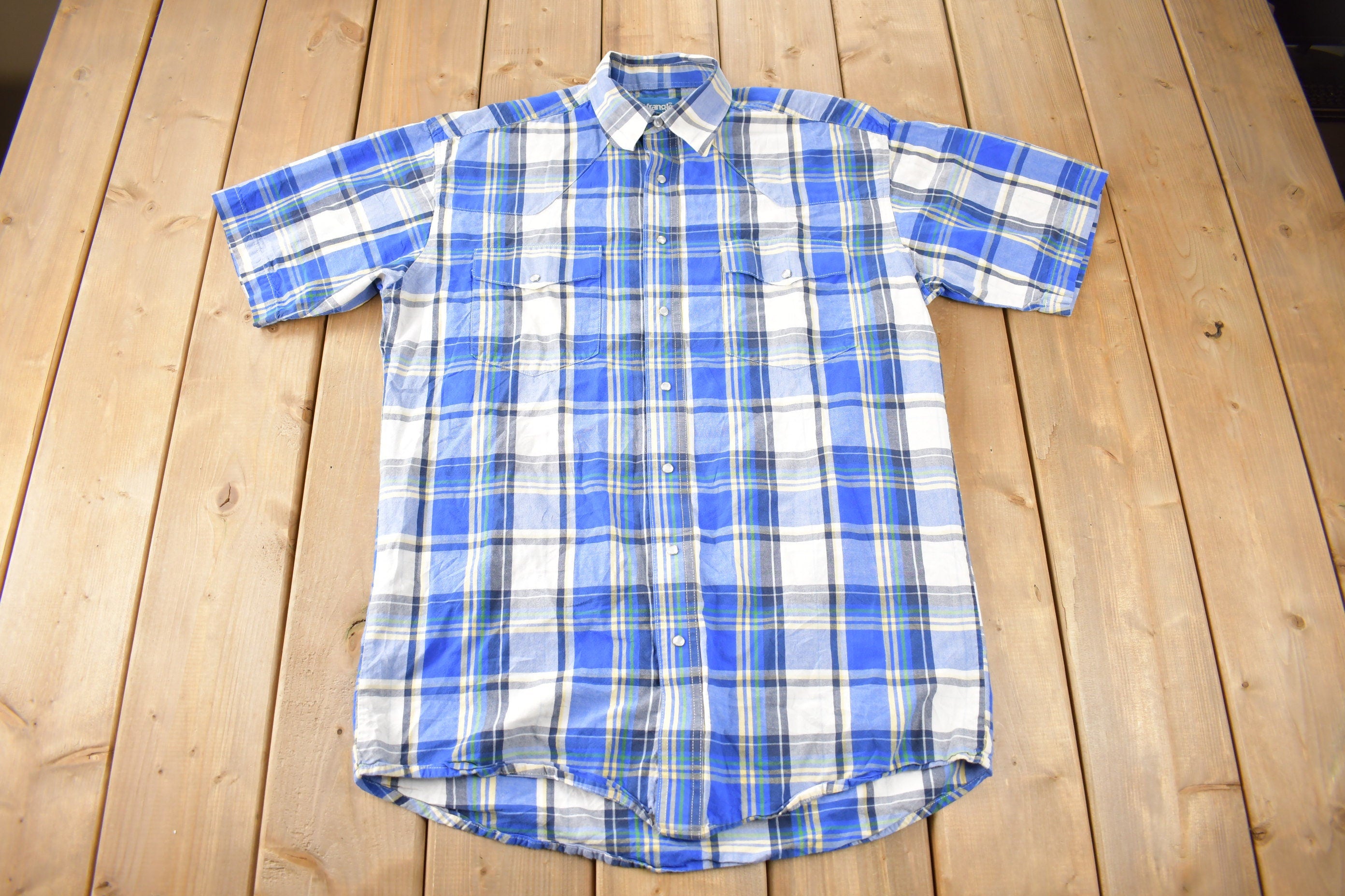 Vintage 1990s Wrangler Western Shirts Pearl Snap Short Sleeve Plaid Button Up Shirt Size L