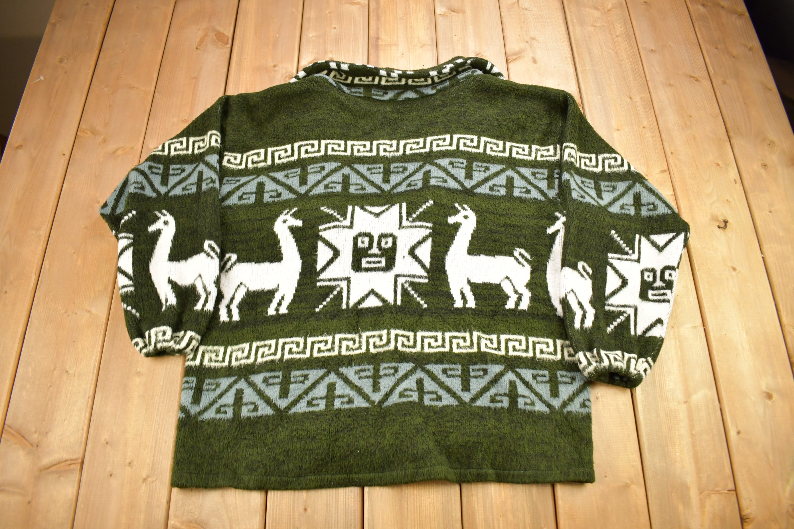 Vintage 1990s Animal Theme Aztec Pattern Knitted Button Up Sweater