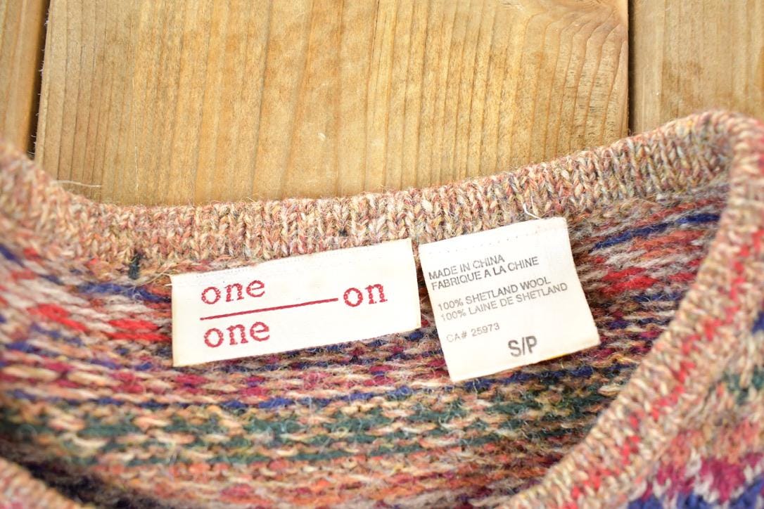 Vintage 90s Shetland Wool Knit Sweater: Abstract Button Up Crewneck, Mens S