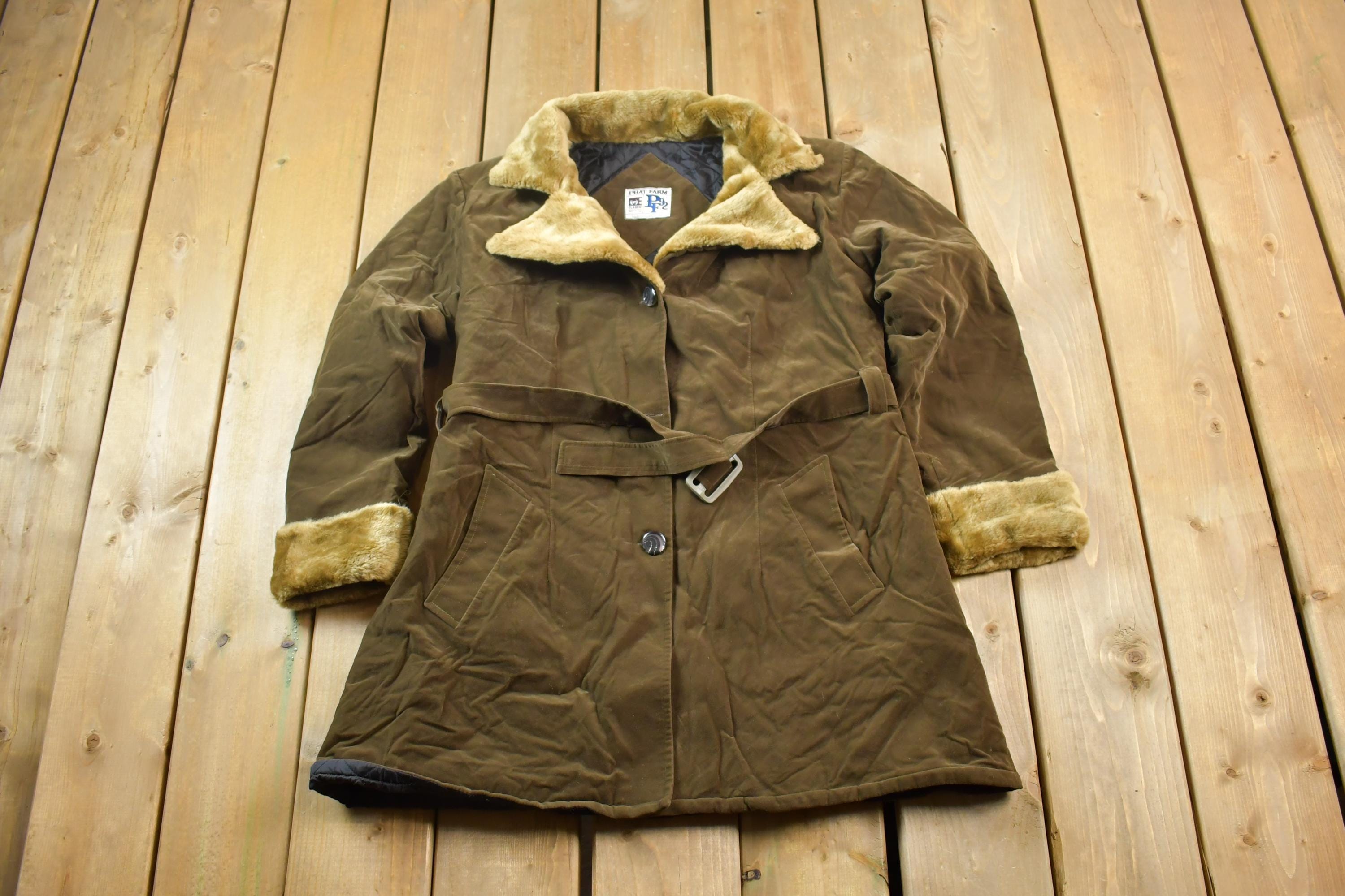 Vintage 1990s Phat Farm Full Length Faux Fur Collared Button Up Belted Coat Made In USA