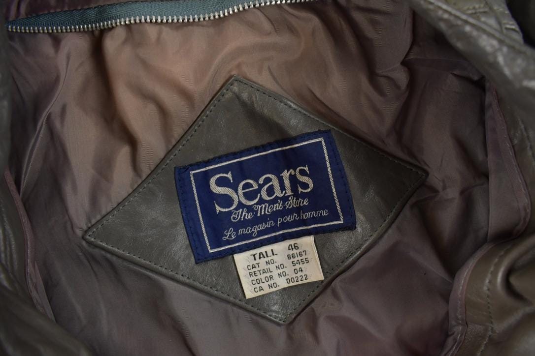 Vintage 1980s Sears Grey Leather Café Racer Jacket