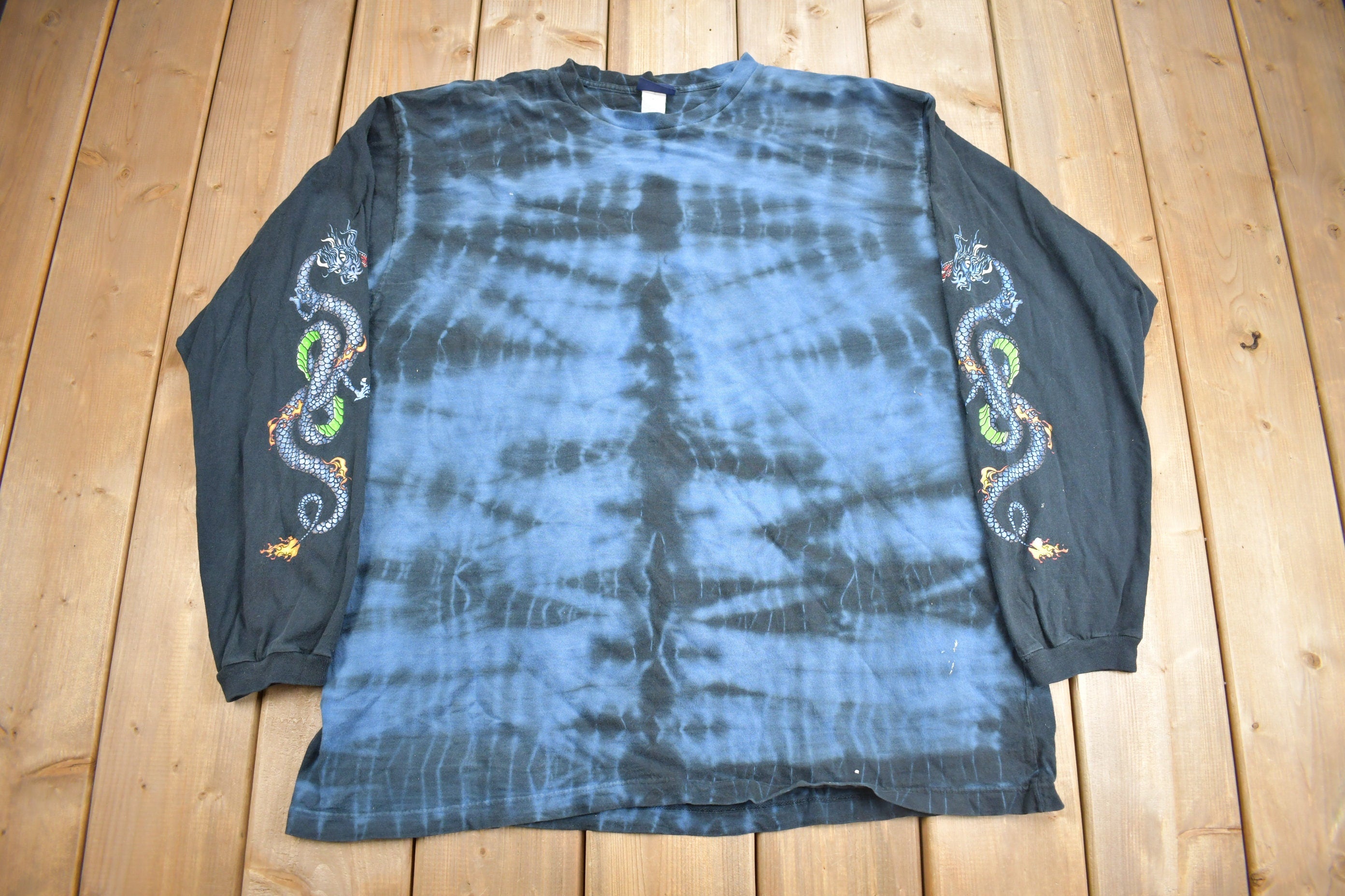 Vintage 1990s Extreme Limit Dragon Theme Long Sleeve Tye Dye T Shirt