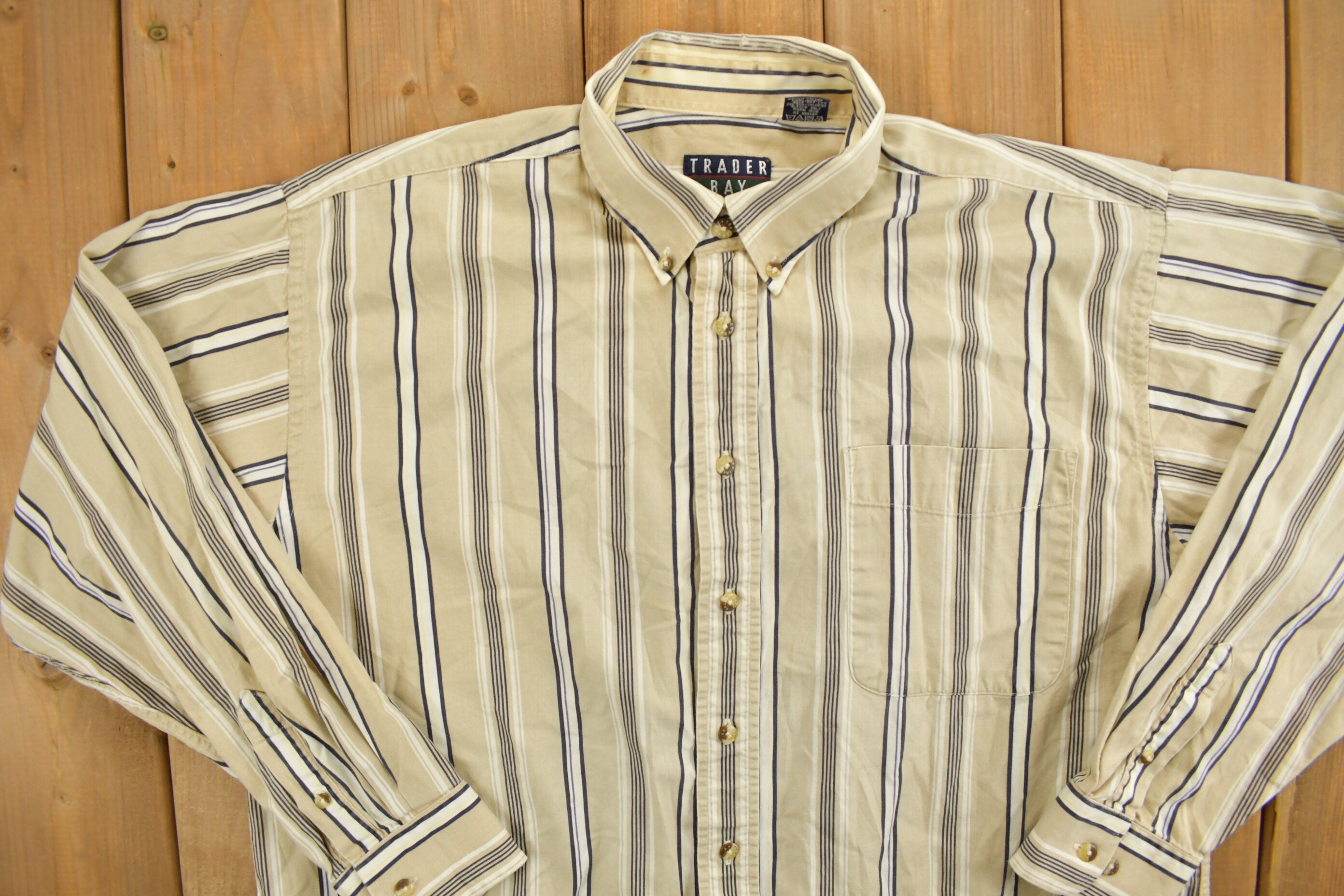 Vintage 1990s Trader Bay Striped Button Up Shirt  1990s Button Up  Vintage Flannel  Plaid Flannel  Casual Shirt  Formal Shirt