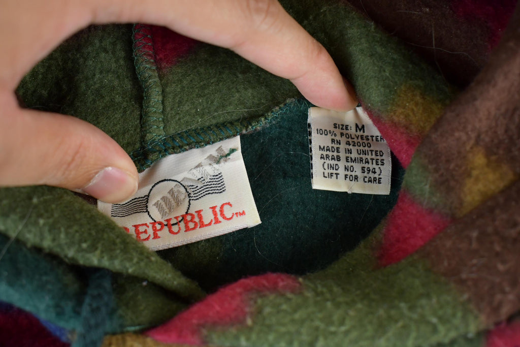 Vintage 1990s Denim Republic Aztec Pattern Fleece Hoodie Men's Medium