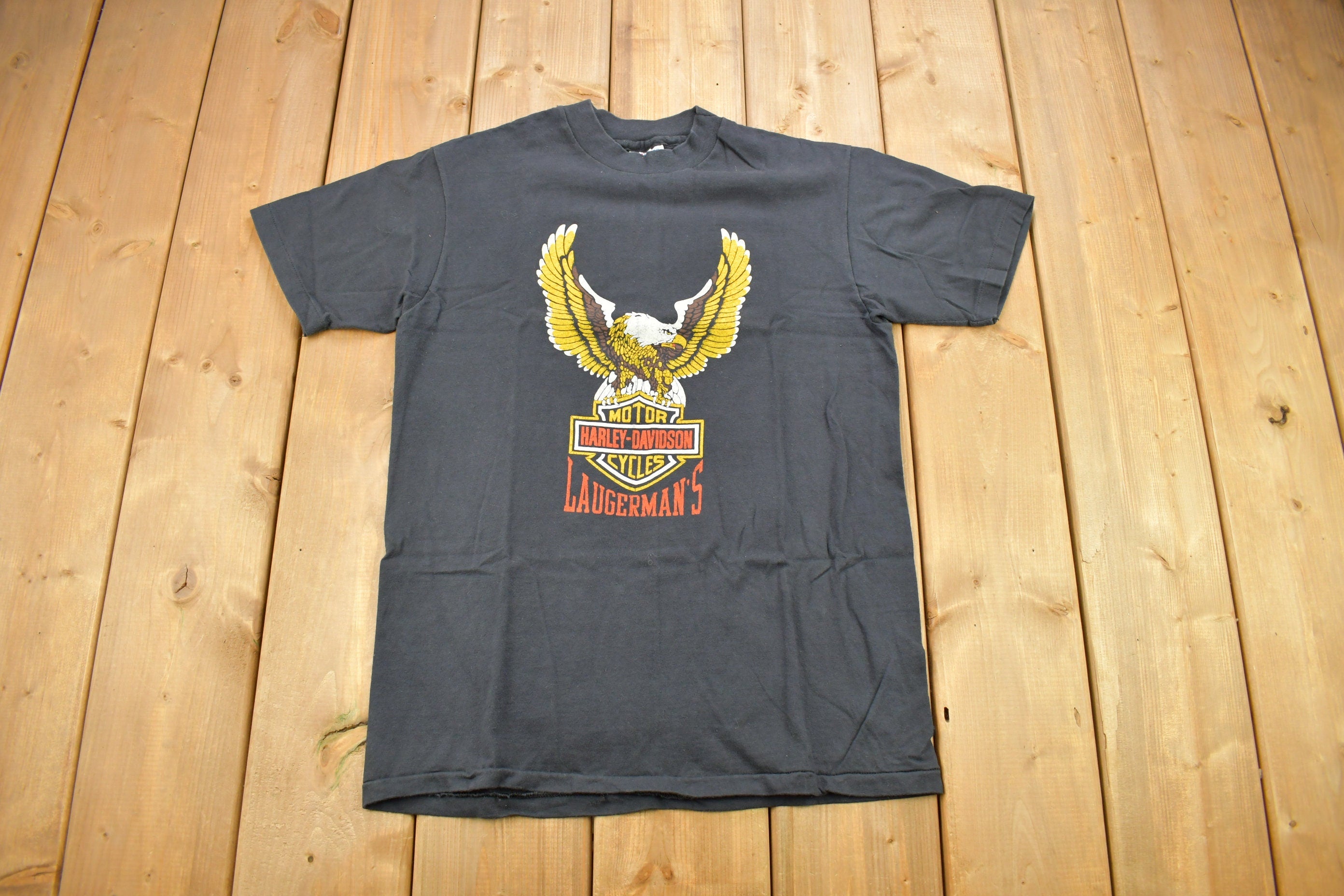 Vintage 1980s Laugerman's Harley Davidson York PA Bald Eagle Graphic T-Shirt