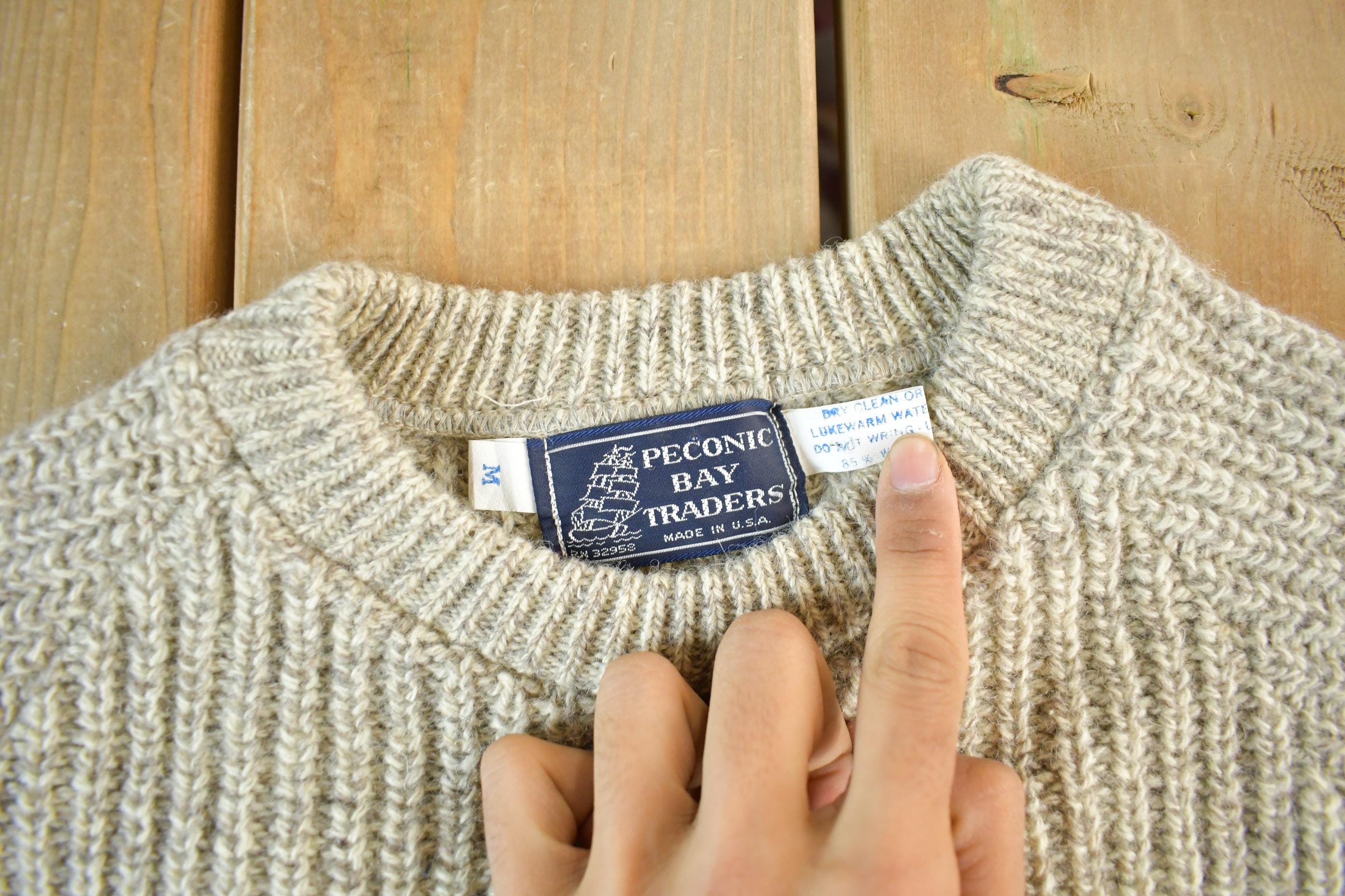 Vintage 1980s Peconic Bay Traders Fisherman Ribbed Wool Knit Sweater Men's Small