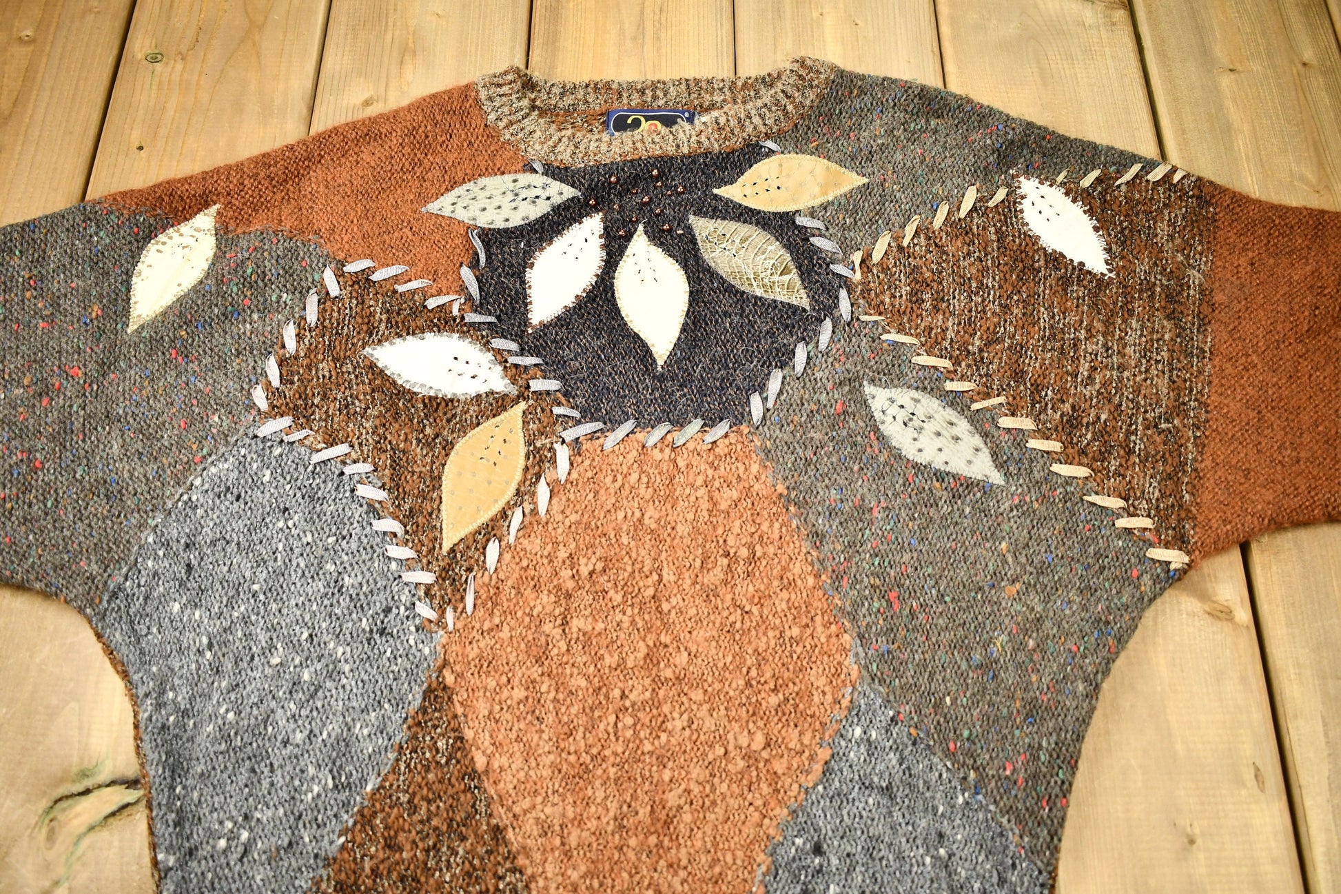 Vintage 1980s 20 Ans Color Block Patchwork Earth Toned Knitted Sweater
