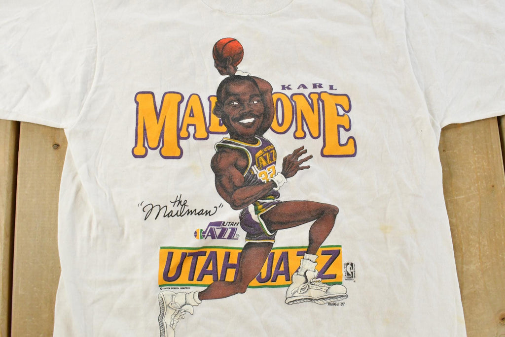Vintage 1980s Karl Malone Utah Jazz NBA Caricature T-Shirt Mens S