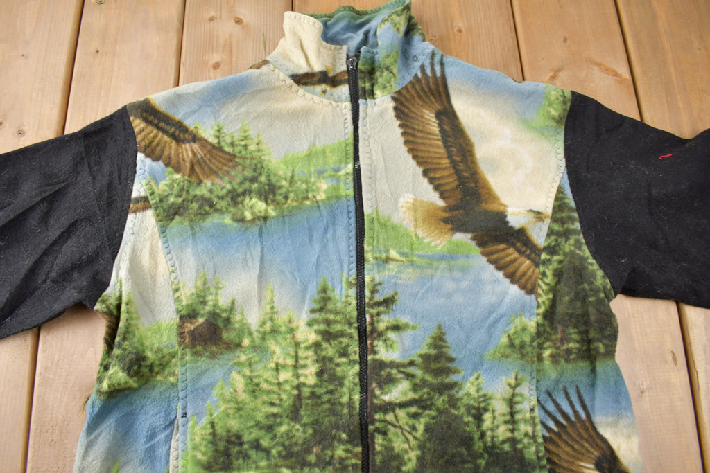 Vintage 1990s Hand Made Eagle Graphic All Over Print Zip Up Fleece Sweater
