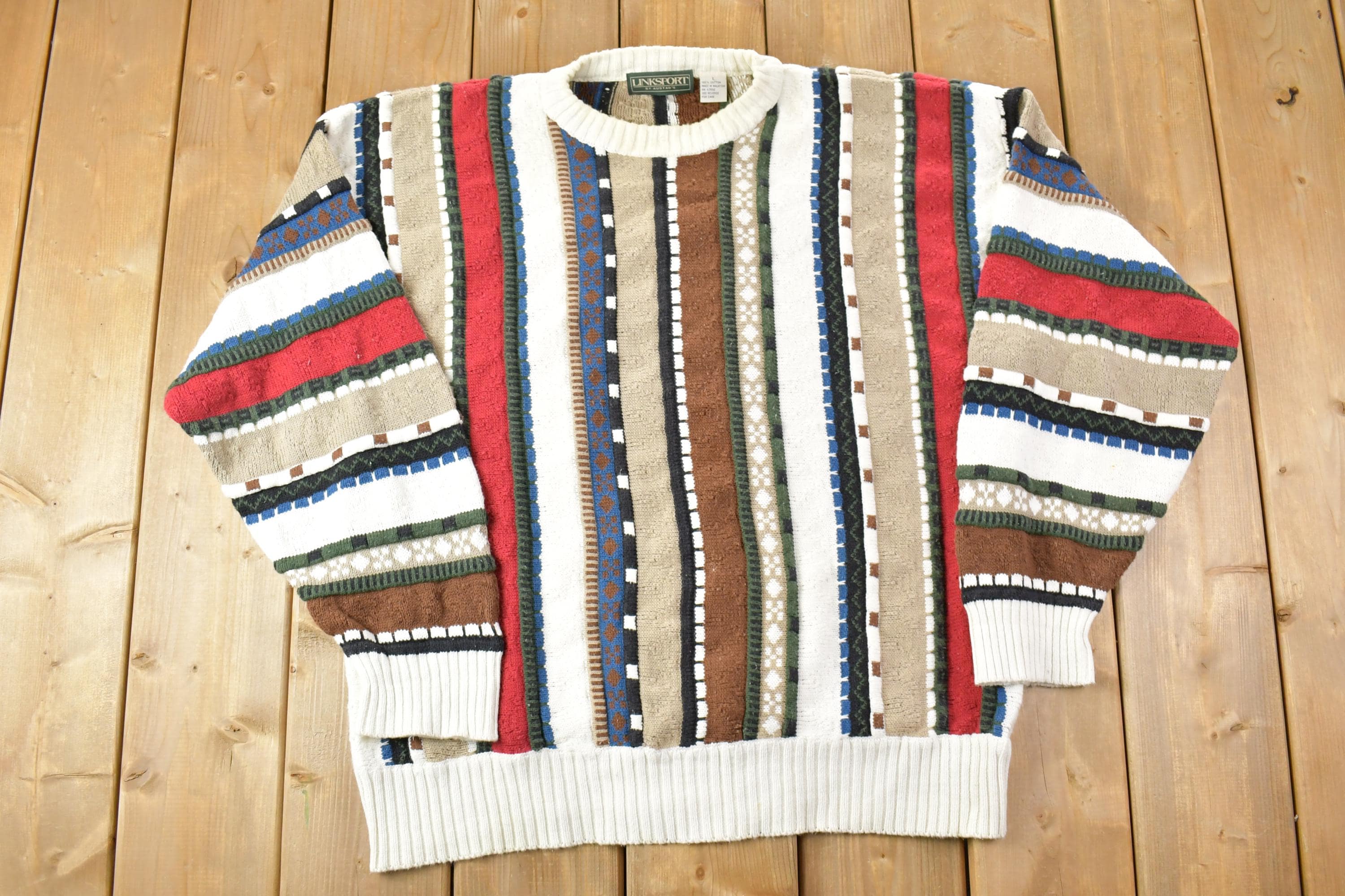 Vintage 1990s Linksport 3D Colored Cable Knit Crewneck Sweater