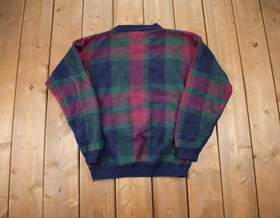 Vintage 1990s Hunt Club Cable Plaid Knit Crewneck Sweater