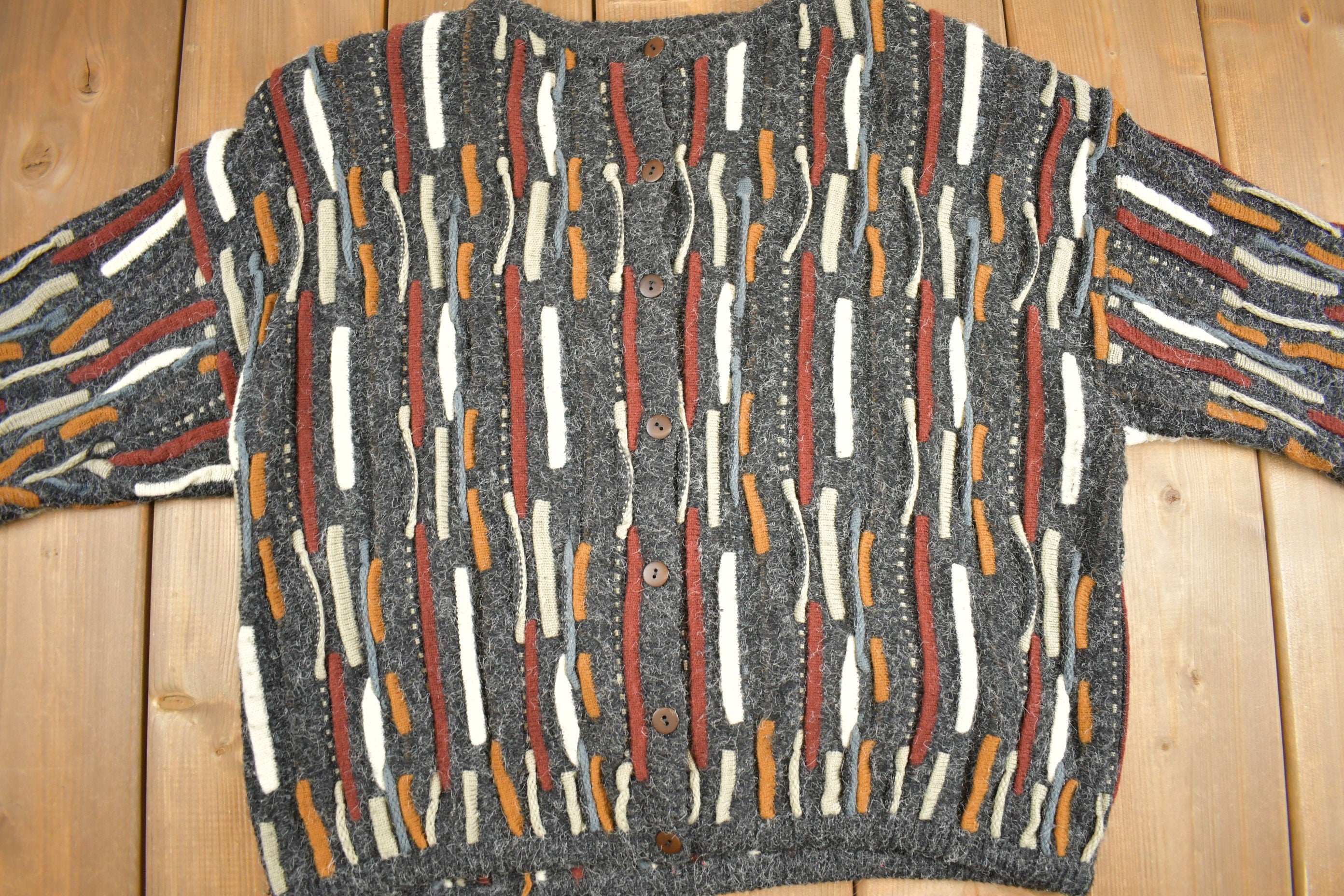 Vintage 1990s Kitty Hawk By Vivian Wang 3D Knit Cardigan Coloured Cable Knit