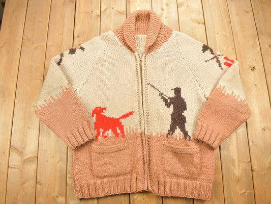 Vintage 1950s Hand-Knit Bird Hunter Curling Sweater / Cowich / True Vintage / Casual Winter Wear / Cozy Zip Up Sweater / Animal Graphic