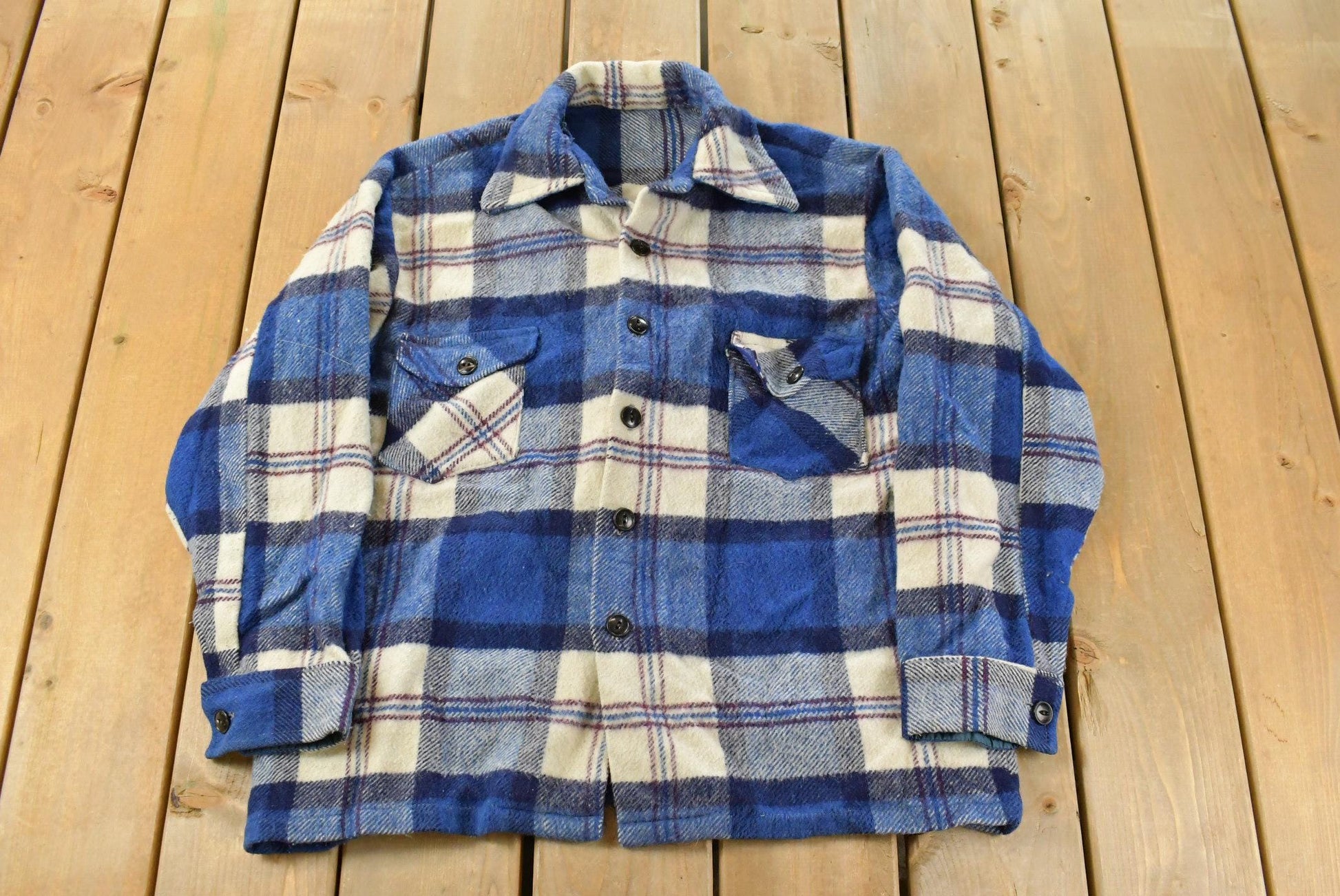 Vintage 1980s Wool Flannel Shirt Jacket Men's Medium / Shacket / 80s Plaid Outdoors / Heavyweight / True Vintage