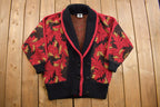 Vintage 1980s Jaques Vert Shawl Collar Fallen Leaves Knit Cardigan Sweater