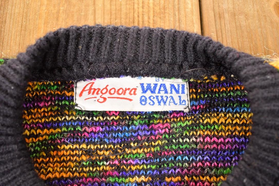 Vintage 1970s Wani Oswal Abstract Wool Knit Cardigan Sweater Women's S