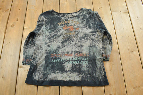 Vintage Y2K Mona Lisa Coffee Rhinestone AOP Long Sleeve T-Shirt Womens XL