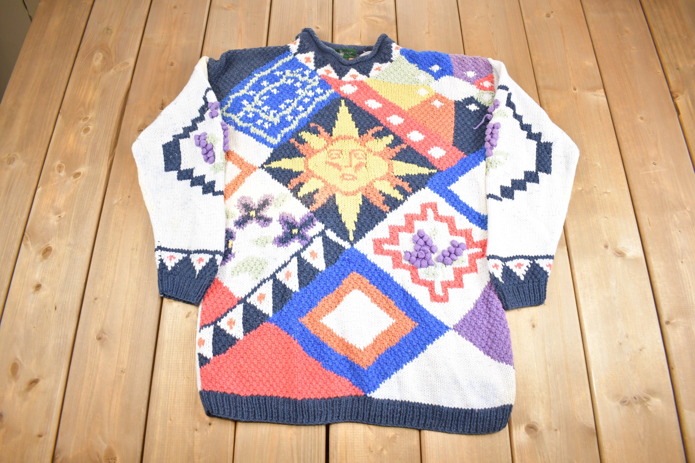 Vintage 1990s Hunt Club Southwestern Sun Theme Knit Sweater