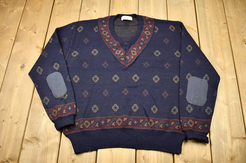 Vintage 1980s Tricots St. Raphael Pure New Wool Knitted V Neck Sweater / Patchwork / All Over Pattern / Aztec Pattern / Southwestern