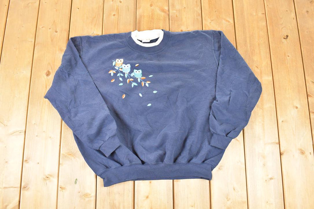 Vintage 1990s Top Stitch 3 Owl Embroidered Double Collar Crewneck Sweatshirt Men's XL Boxy