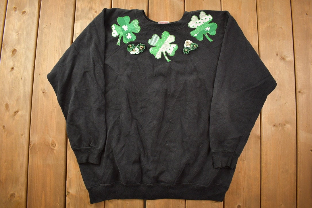 Vintage 1990s St Patricks Day Four Leaf Clover Patchwork Crewneck Sweatshirt