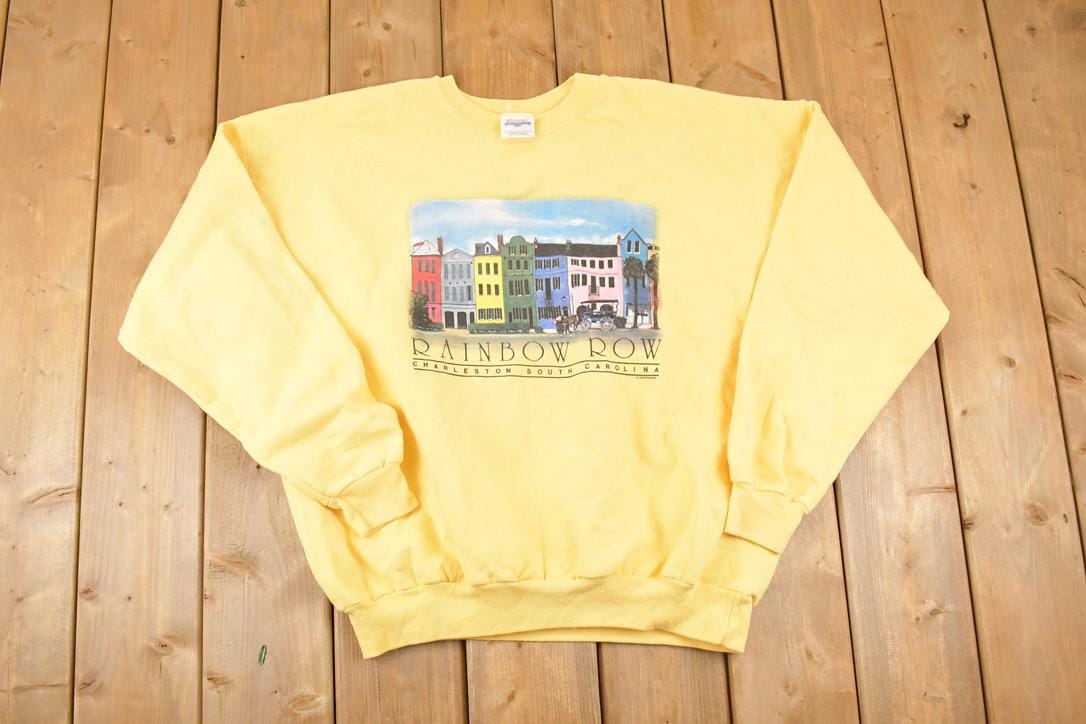 Vintage 1990s Rainbow Row Charleston SC Graphic Print Crewneck Sweatshirt Mens L