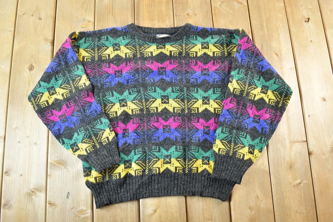 Vintage 1990s Knit Abstract Pattern Crewneck Sweater Mens L