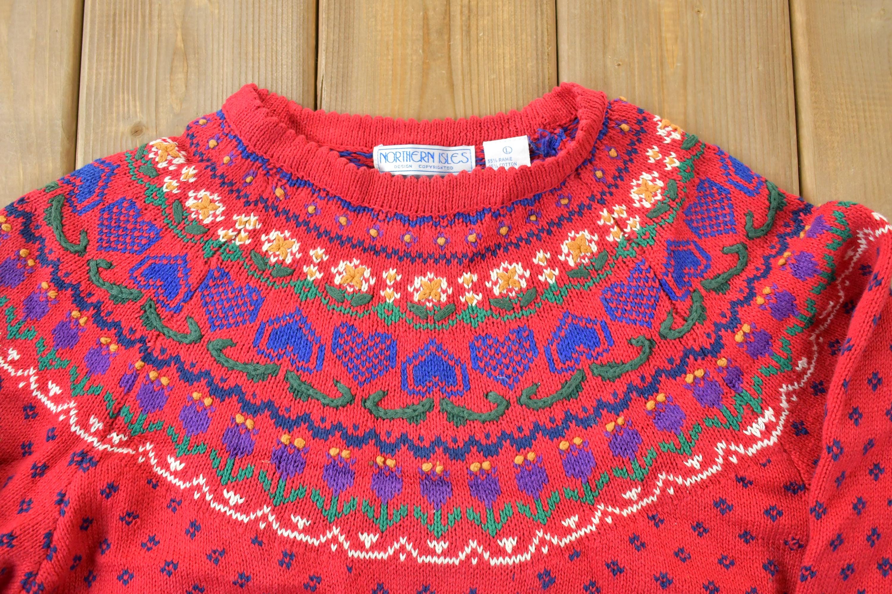Vintage 1990s Northern Isles Christmas Knit Hand Embroidered Crewneck Sweater