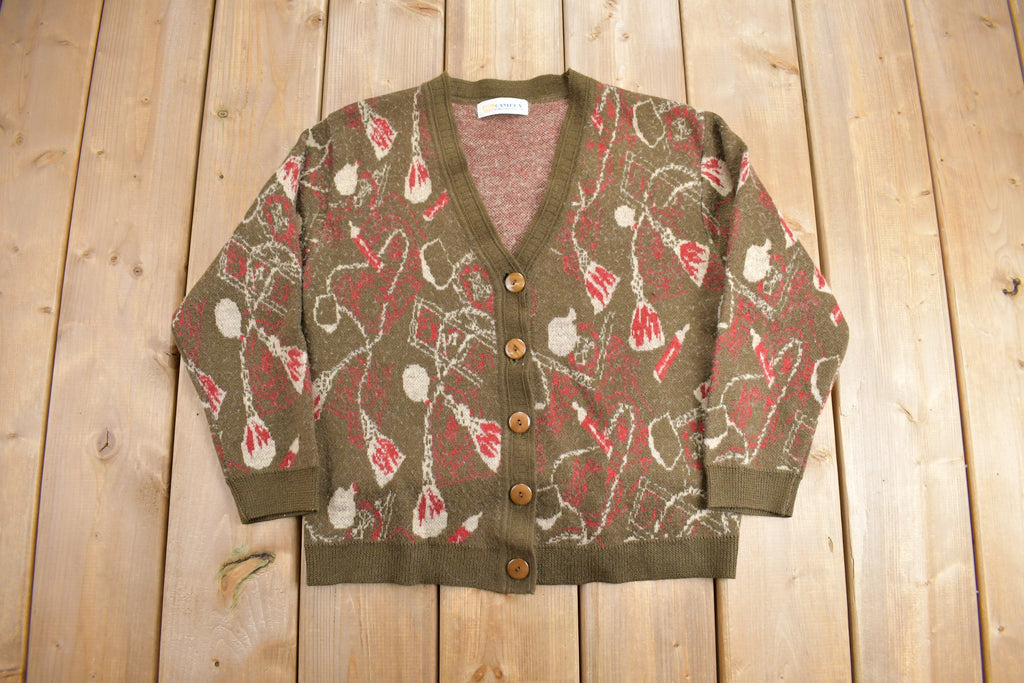 Vintage 1980s All Over Geometric Pattern Knitted Cardigan Sweater
