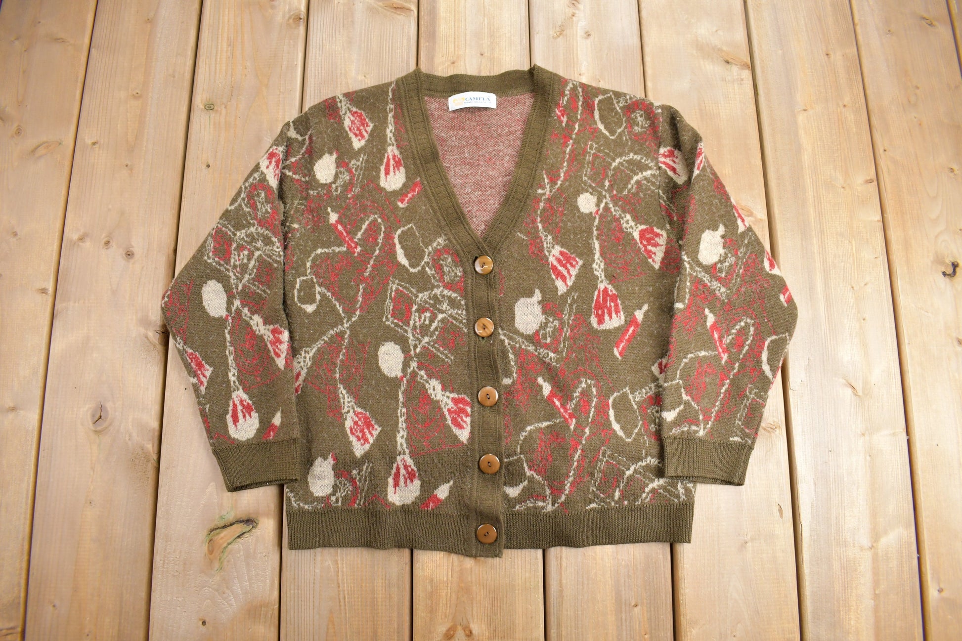 Vintage 1980s All Over Geometric Pattern Knitted Cardigan Sweater