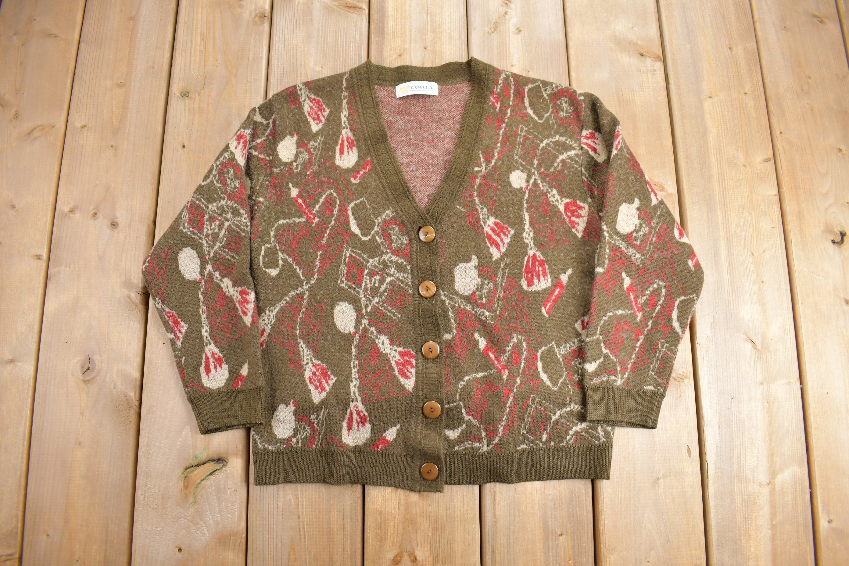 Vintage 1980s All Over Geometric Pattern Knitted Cardigan Sweater