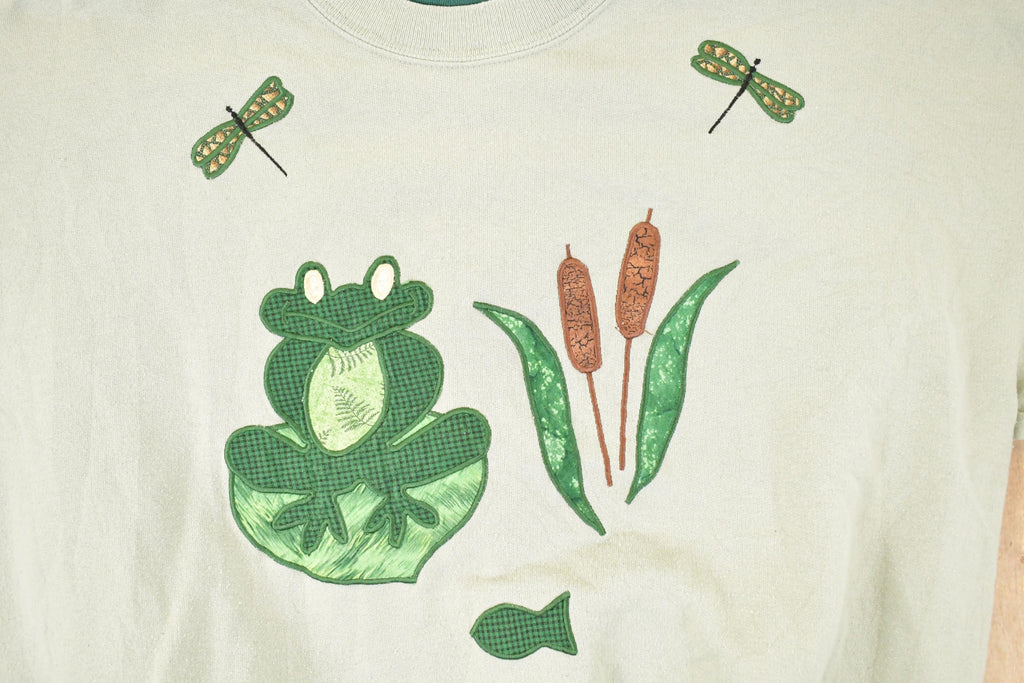 Vintage 1990s Cute Frog Embroidered Double Collar Crew Neck Sweatshirt Men's L