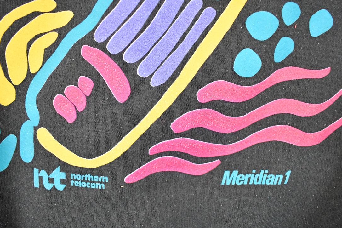 Vintage 1990s Meridian 1 Neon Phone Graphic Print Crewneck Sweatshirt Men's L / Made In USA / 90's Destination Sweater
