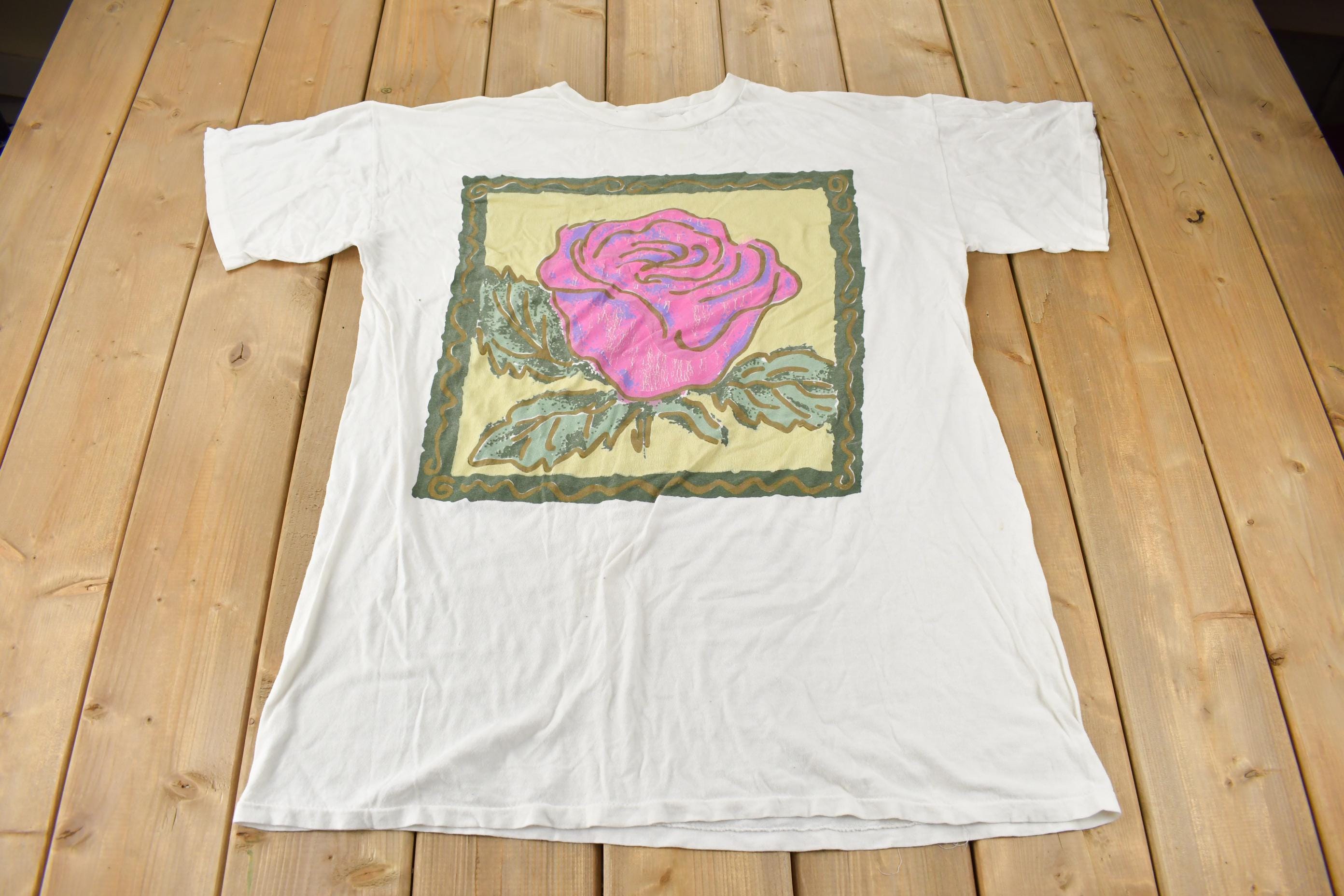 Vintage 1990s Pink Rose Single Stitch Graphic T-Shirt One Size Fits All