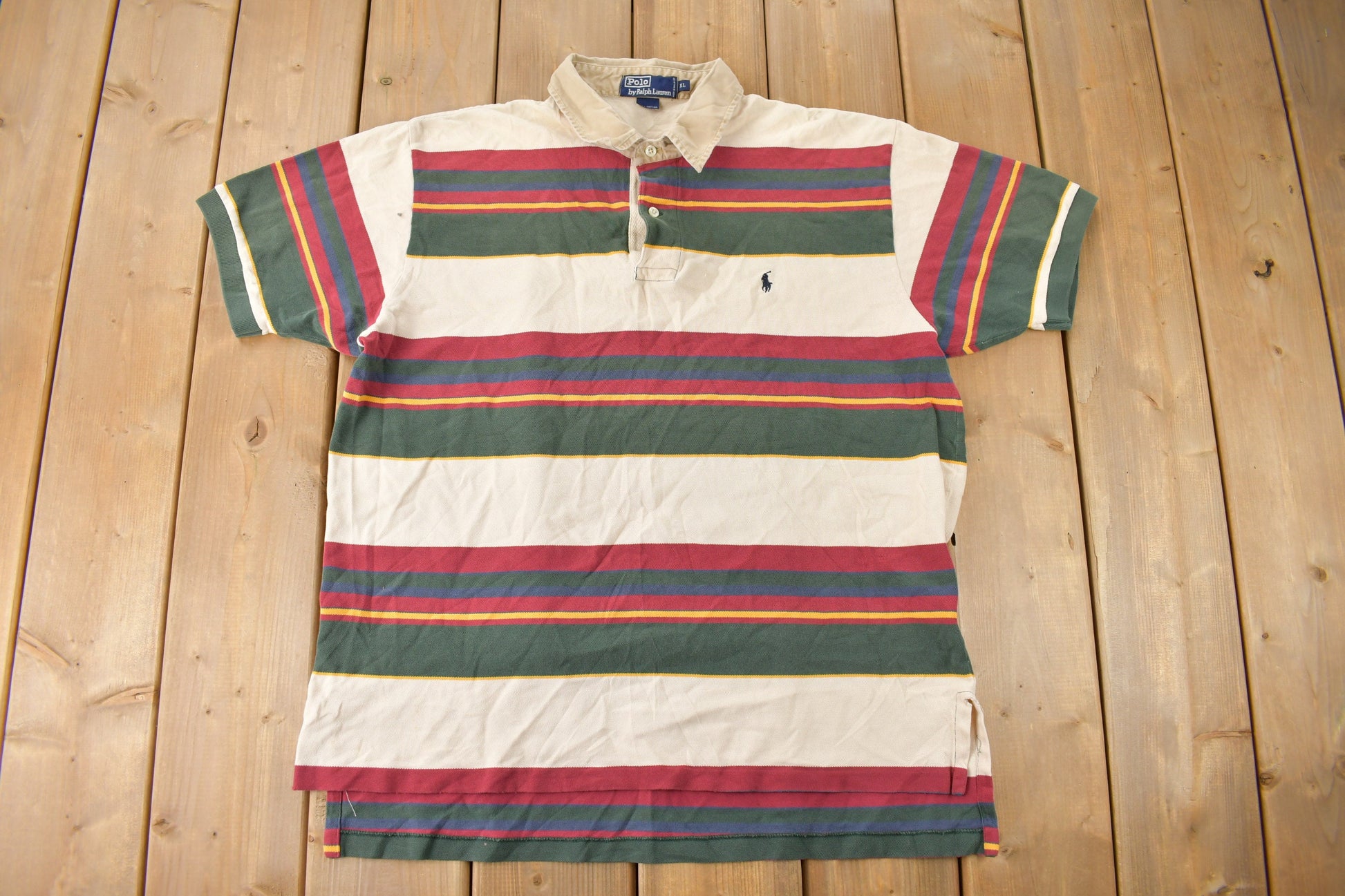Vintage 1990s Polo By Ralph Lauren Small Pony Earth Toned Striped Polo Shirt Size XL